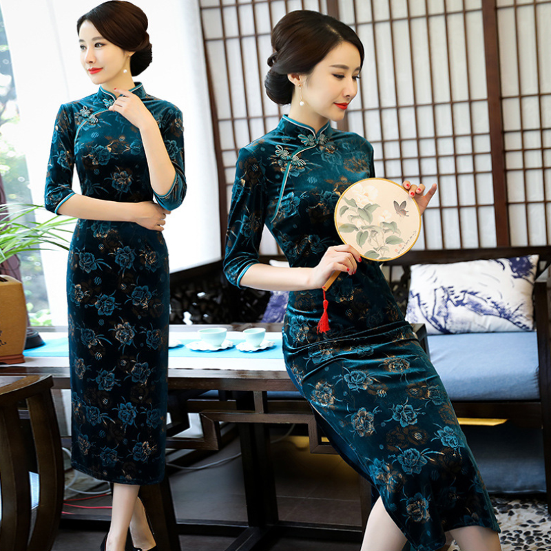 Abito Cheongsam Cinese Donna - Stampa Floreale, Spacco Laterale, Slim Fit Poliestere - Foto 13