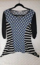 Notations Womens Blouse Top Black White Blue Shapes Stripes Sz M (E1) 