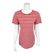 LOGO by Lori Goldstein Metallic Stripe Knit Top with Short Sleeves Medium Size 