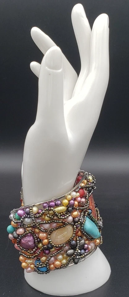 РЕДКИЙ винтажный жемчужный бирюзовый коралл сердолик цитрин кварц браслет-манжета - Изображение 3 из 4