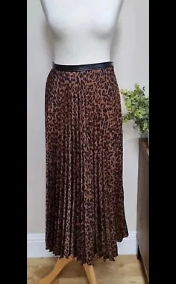 Falda Zara Negra Marrón Leopardo Estampado Animal Plisada Swish Midi Extra Grande XL 14 Foto 4 de 4