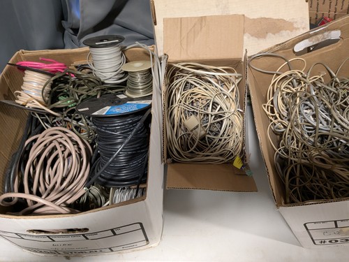 Lot of phone & stereo wire (~300ft); extender cables; phone cables (can breakup)