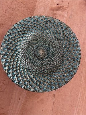Peacock Turquoise Gold Blue Green  Plate Silver Back 9'' Decorative