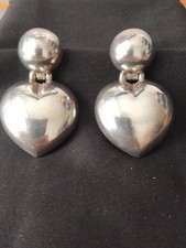 Vintage 925 SterlingSilver Puffy Heart Dangle Earrings Chunky 80s Statement Drop