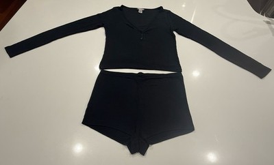 Victoria s Secret Black Ribbed Lounge Set Pajama 2PC Top Shorts Set Soft Stretch