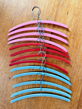 13 Vintage Wood Clothes Hangers Curved Red Teal Pink Painted Mid Century MCM Lot