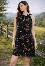 Tahari Dress 10 Black Multi Floral Ruffle Neck Shift Flowy Sleeveless Summer