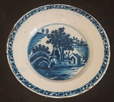 18th C English London Delft Hand Painted Plate with Figure Sitting by River Bank
