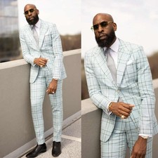 Groom Plaid Men Suits Slim Fit Peak Lapel Single Breasted Business Formal Prom