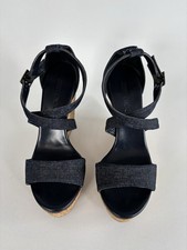Jimmy Choo Denim Cork Wedge Platform Sandals Navy Blue Silver Buckle