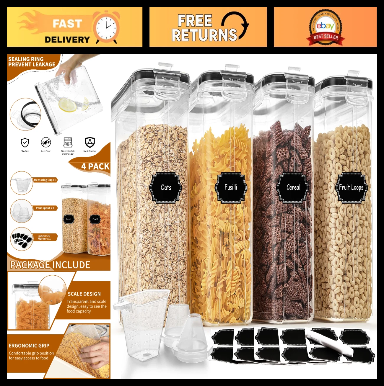 Airtight Cereal Storage Containers Set - 4PCS Food Dispensers with Lids, Pour Sp