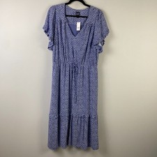 GAP Midi Flutter Sleeve Dress Size Large Blue Polka Dot V neck Short Sleeve