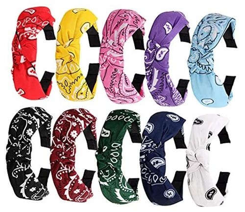 Knotted Paisley Hair Bandanas - 10 Pack Wide Turban Headbands, Vintage Boho