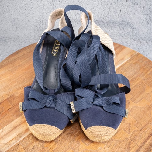 Ralph Lauren Women’s Hollie Espadrille Lace Up Ankle Wedge Navy Sandal Size 8 B - Picture 3 of 6