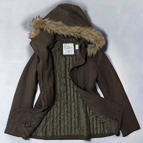Logg Y2K Fur Lined Jacket Pea Coat Flare Fuzzy Hood Green Brown Bella 2000s M - Picture 2 of 15