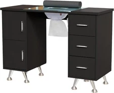 Black Manicure Table Nail Desk for Nail Tech with Glass Top & Side Cabinet NEW
