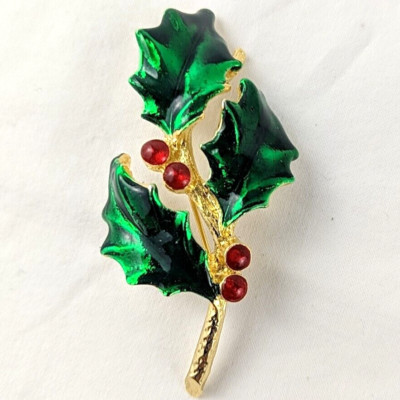 Vintage AAI Christmas Holly Brooch Gold Tone Red & Green Enamel Signed AAI 2.4''