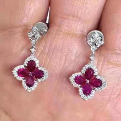 2.20Ct Pear Cut Lab Created Red Ruby Women's Drop Earrings 14k White Gold Plated