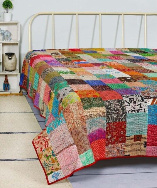 Indian Kantha Quilt Red Patola Silk Patchwork King Bedspread Vintage Blanket Set Indian Kantha Quilt Red Patola Silk Patchwork King Bedspread Vintage Blanket Set