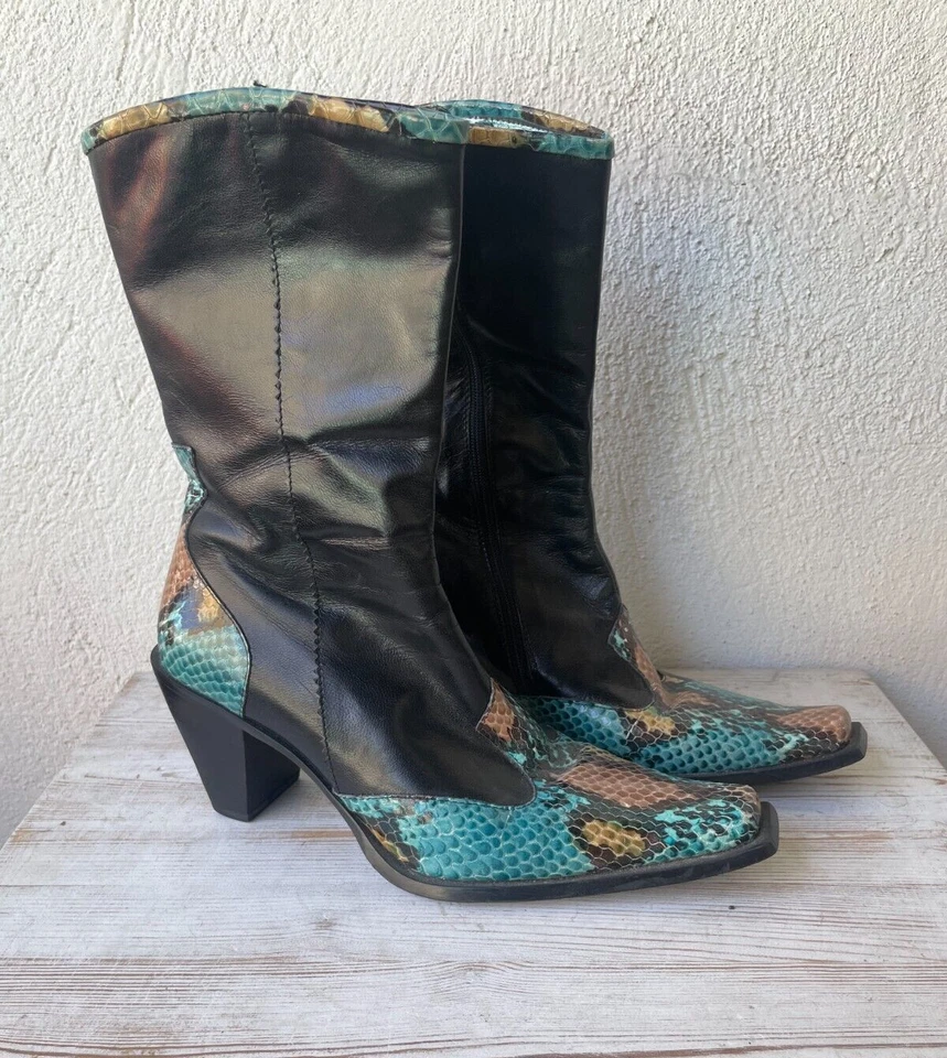 Bota Enzo Angiolini Vintage Mujer 7.5 Cuero Negro Teal Piel de Serpiente Cremallera Años 90 Y2K Foto 2 de 4