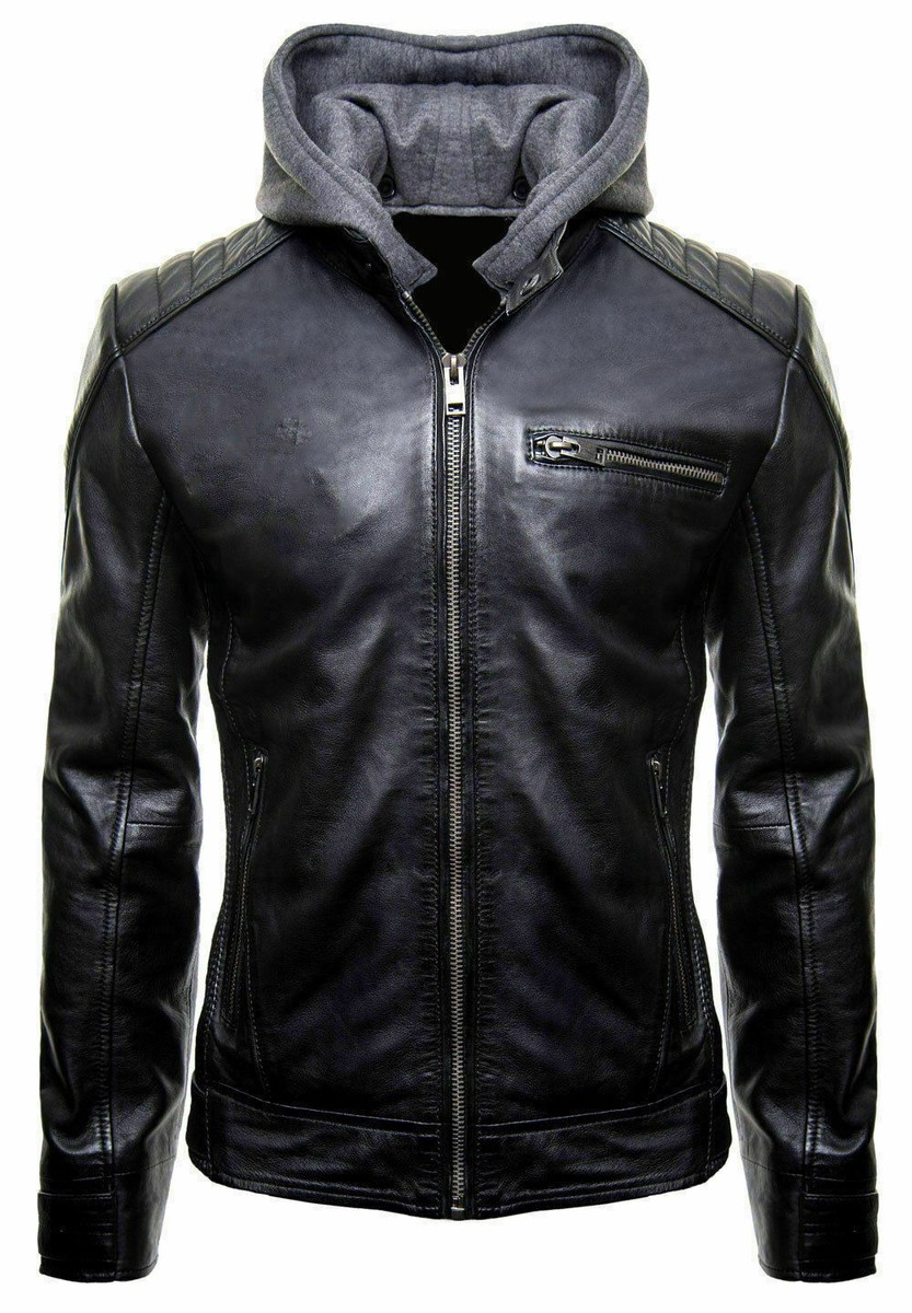 NEW BATMAN LOGO MOTORCYCLE BRANDO BIKER REAL LEATHER HOODIE JACKET