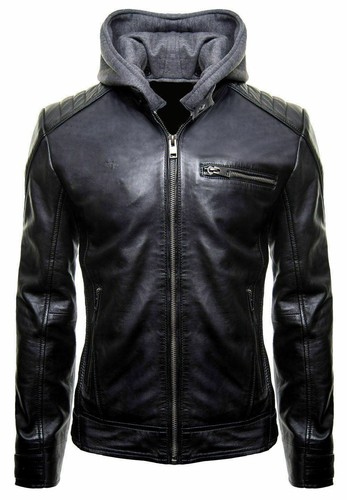 NEW BATMAN LOGO MOTORCYCLE BRANDO BIKER REAL LEATHER HOODIE JACKET - DETACH HOOD - Bild 2 von 2