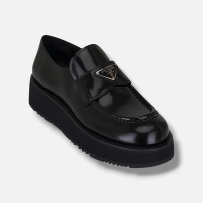 Prada Women's Black Leather Flatform Slip-On Loafers Shoes Size EU:39 US:9
