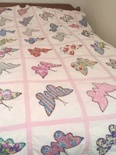 Vintage 75" x 84”  Hand Appliqued Butterfly Quilt Top Pink Sashing Full Size Bed