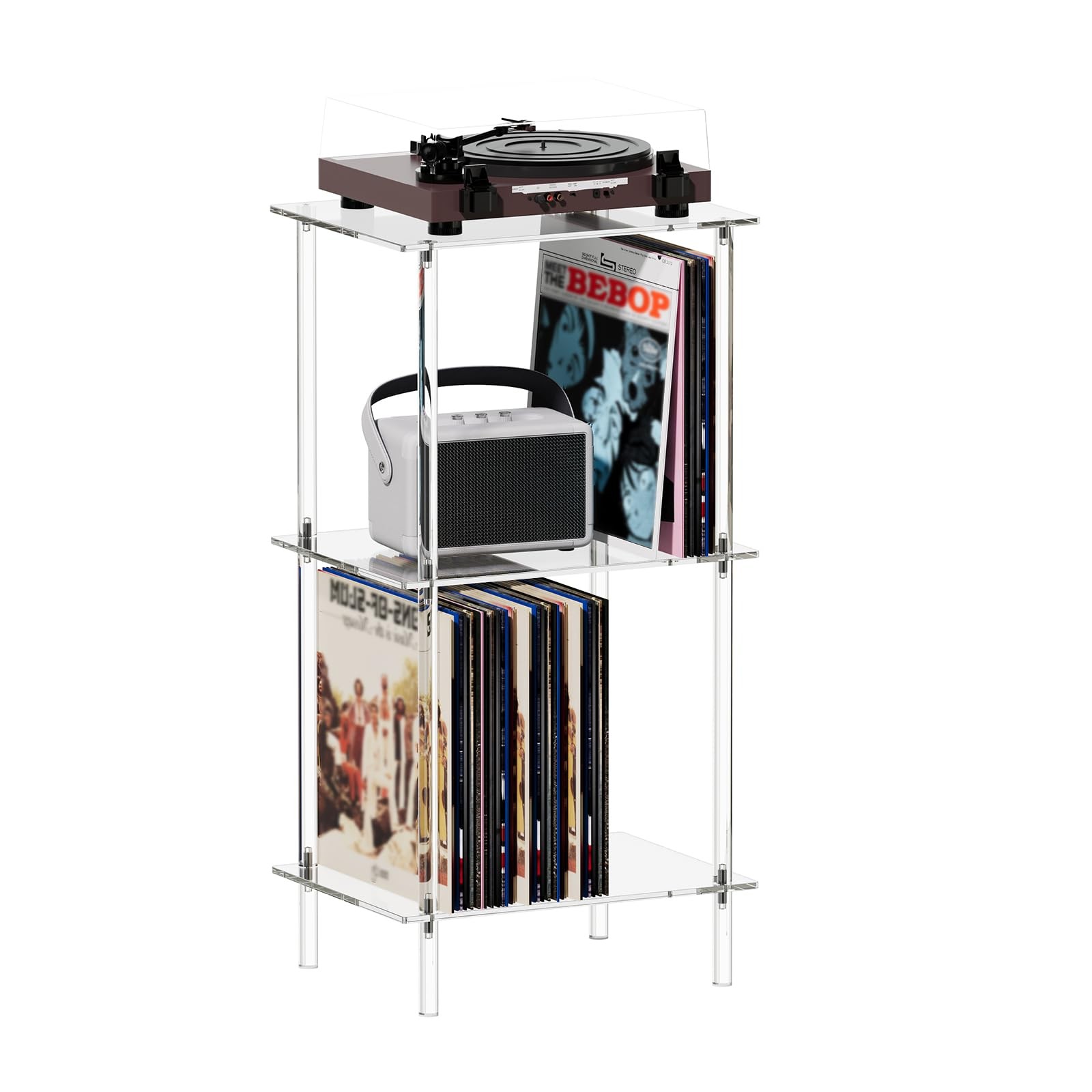 Acrylic Turntable Stand with Vinyl Storage, Modern Record Player Display Shelf
