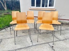 Six Ikea Gilbert stacking dining chairs, bent lightwood design with chrome legs