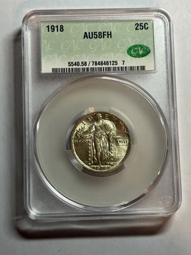 1918 STANDING LIBERTY QUARTER CACG AU58 FH BLAST WHITE LOOKS UNC FULL HEAD