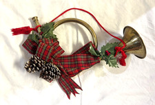 Vtg Brass French Horn Christmas Hanging Decoration 12'x 9"
