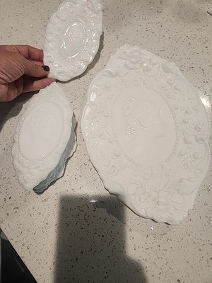 Vintage 3 Piece Fostoria  ''Jenny Lind'' Cameo Dresser Set Milkglass