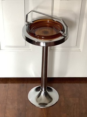 VTG Stainless Steel MCM Cigar Cigarette Smoking Stand Amber Glass Ashtray