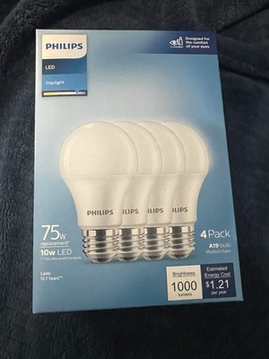 Phillips- 4-Pack- 75W- 1000 Lumens- DayLight- 10w LED- A19 Light Bulb