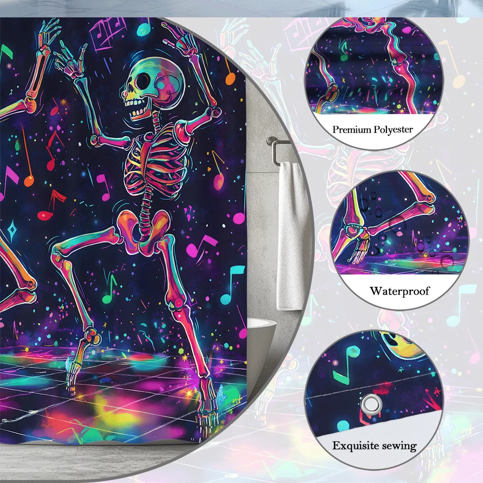 Coloridos Esqueletos Bailando Cortina de Ducha, Neón Halloween Fiesta Baño Decoración Foto 4 de 4