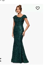 $259 XSCAPE Soutache Cap Sleeve Asymmetric Neck Long Dress Sz 4 Green Holiday