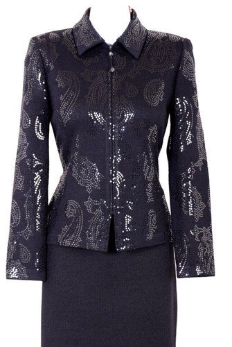 ST.JOHN Women's Knit Black Shimmer Sequins Print Rhinestone Zip Jacket Sz 4