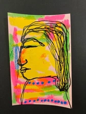 Woman Portrait Painting Naive Outsider 4x6 Wall Art Pink Yellow April Fool