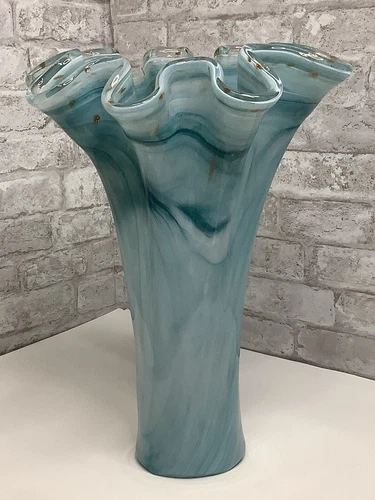 Vintage Murano Ruffle Top Light Blue & Gold Glass Vase 16" H X 11"W X 11.5"D HTF