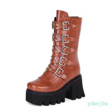 Women's Punk Gothic Multi Buckle Platform Studded Mid Calf Boots High Heel Ladys
