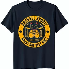 Playful Black Cat Drummer Graphic T-Shirt Fun Yellow Design for Music Lovers