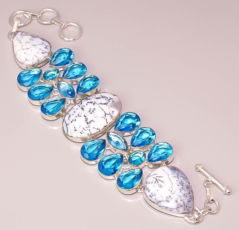 Natural Dendrite Opal Blue Topaz Quartz 925 STERLING SILVER PLATED BRACELET