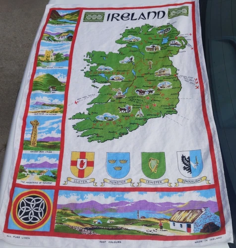Vintage Linen IRISH Tea Kitchen Dish Towel. Map & Points of Interest