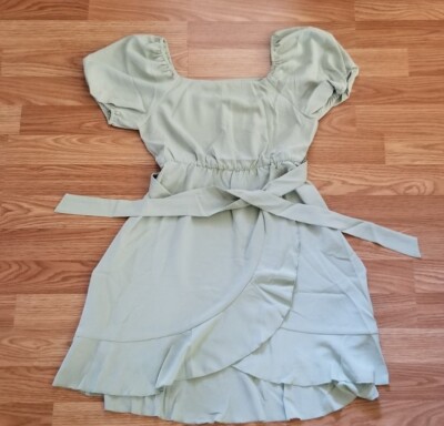 Girls Light Green Formal Party Dress Short Puff Sleeves High Waist Tie Belt  12 | eBay