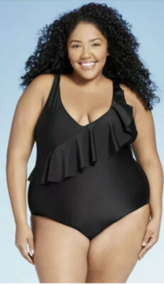 Kona Sol NWT Plus Women's 20W Shoulder Ruffle Coverage One Piece Swimsuit Black