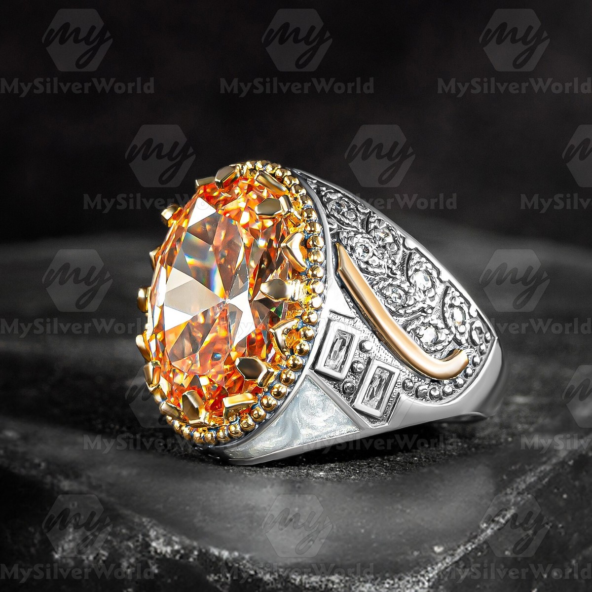 925 Sterling Silver Men's Ring With Orange Citrine Stone – Handmade Turkish Design, Simulated Citrine