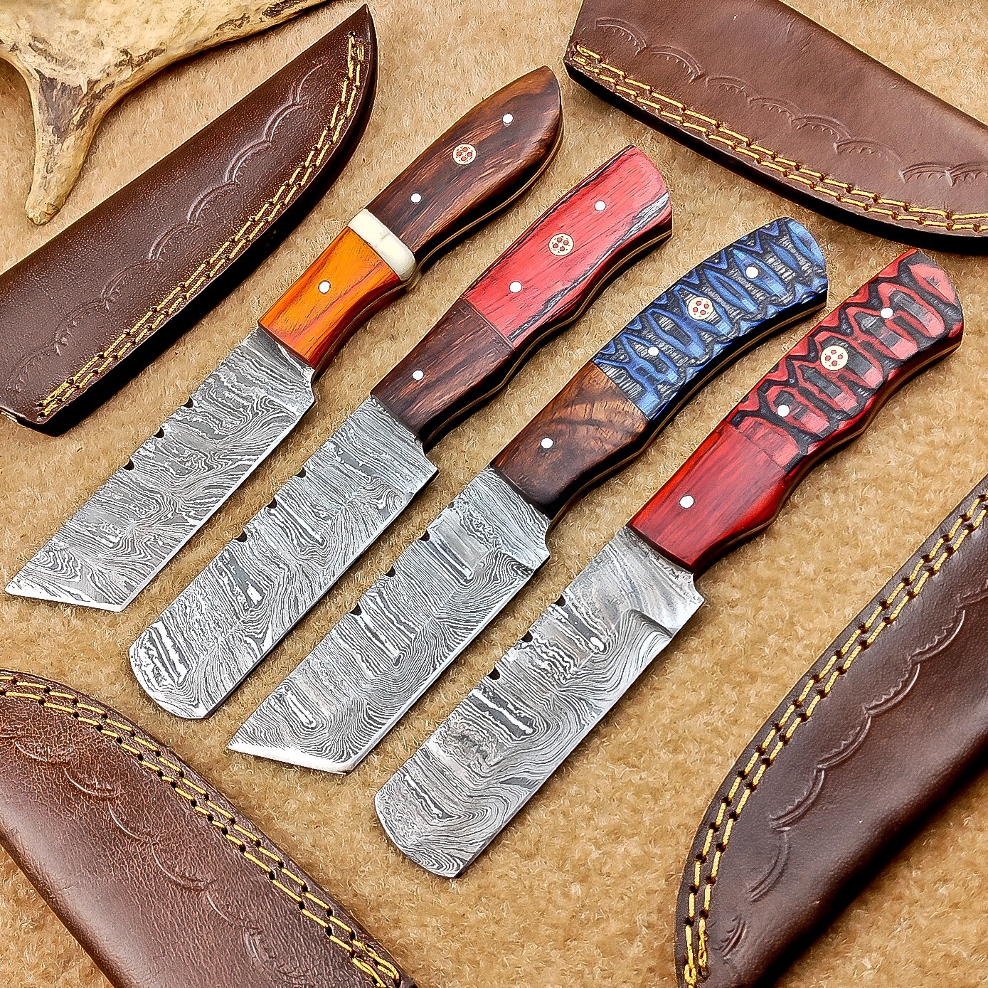 4 Pcs Damascus Blade Skinner Knives Set | 8