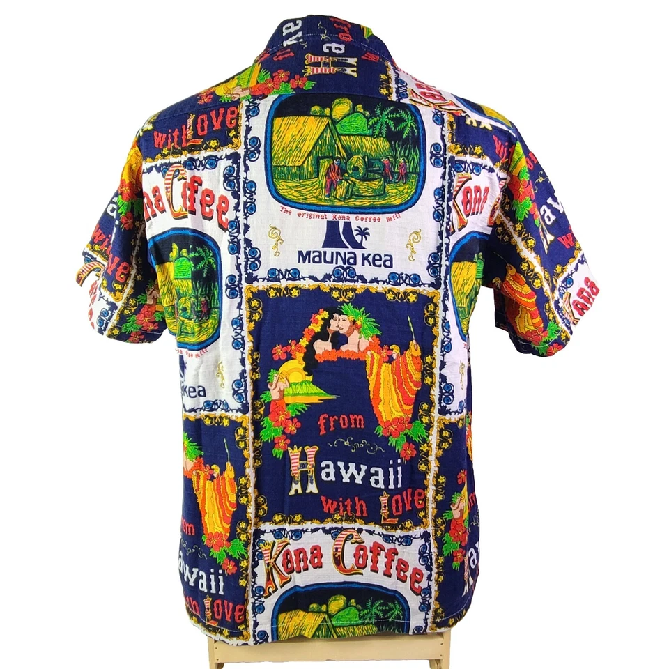 Camisa hawaiana vintage Kona café años 60 70 tela de corteza Aloha Mauna Kea para hombre talla M Foto 2 de 4