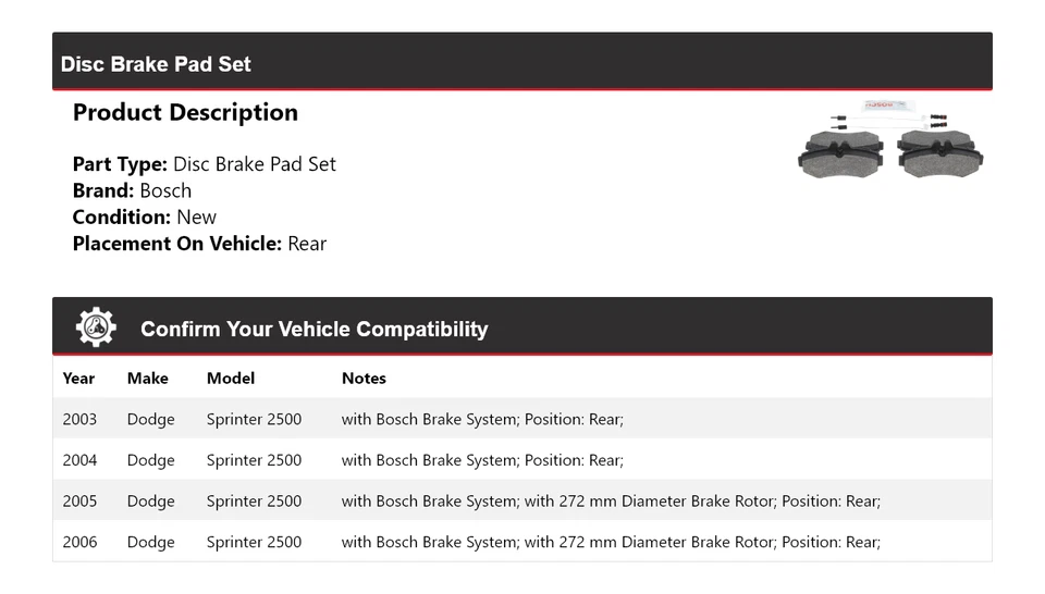 Pastillas de freno traseras semimetálicas Bosch 2004 2005 para Dodge Sprinter 2500 2003-2006 Foto 2 de 4